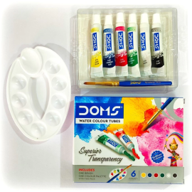 Doms Water Colour Tube Set - 6 Vibrant Shades (5ml Each) with Free Brush and Palette