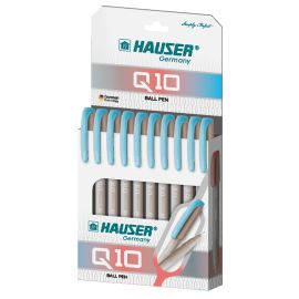 Hauser Q10 0.7 mm Ball Pen | Smooth Writing with Comfortable Rubber Grip | Blue Ink | Card Pack of 10 Pens