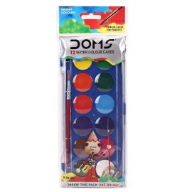 Doms Aqua Water Colour Cakes - 12 Vibrant Shades (23mm) with Free Brush