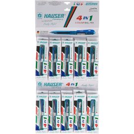  Hauser 4U 4-Color Retractable Ballpoint Pen – 1.0 mm Medium Tip, Transparent Body, Stand Pack of 24