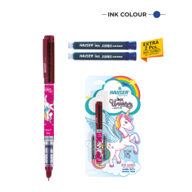 Hauser INX DX Unicorn-Themed Fountain Pen with Smooth Round Iridium Nib and Blue Ink Cartridges