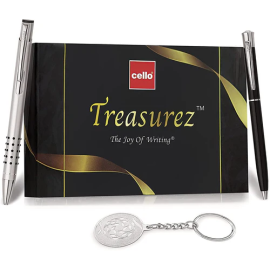 Cello Treasurez Pen Gift Set – 2 Metal Ballpoint Pens and Keychain with Blue Ink