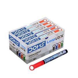 DOMS Loop Lock Refillable Permanent Marker Pen - Red, Bullet Tip, Non-Toxic, UV-Resistant Ink.